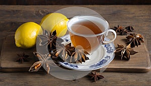 A cup of tea with lemon and star anise on a wooden table