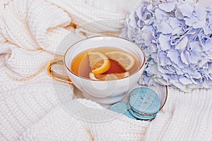 Cup of tea, macaroons and blue hydrangea