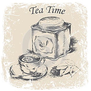 cup of tea with lemon, tea spoon,a box of tea, the tea leaves in grunge frame