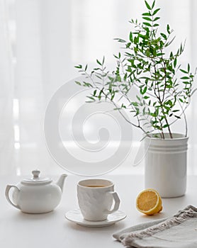 A cup of tea with lemon, a teapot and green branch on a white table against the background of a kitchen window