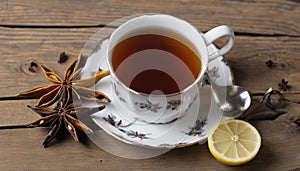 A cup of tea with a lemon wedge and star anise on a wooden table