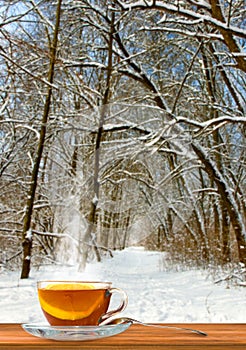 Cup of tea with lemon on winter forest background