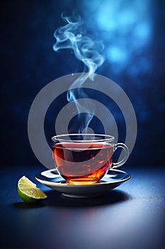 Cup of tea with lime on a dark blue background with smoke