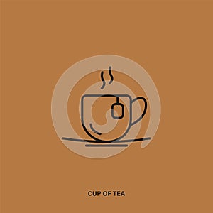 Cup of tea linear icon on brown background. Hot beverage pictogram