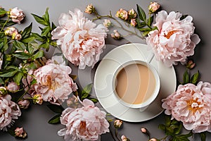 cup of tea with milk on table with summer tender peonies top view on table, flat lay. AI generated