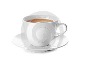 Cup of tea with milk on white background