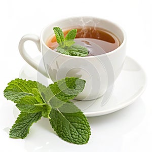 Tea composition with mint leaf isolated on white background