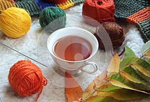 A Cup of tea with multicolored skeins of yarn and autumn foliage, top view