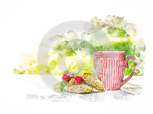 A cup of tea and oatmeal cookies in the summer garden, digital watercolor