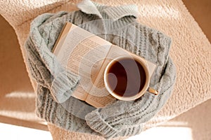 Cup of tea with paper book on knitted sweater in accent chair at home in living room