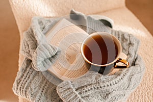 Cup of tea with paper book on knitted sweater in accent chair at home in living room.