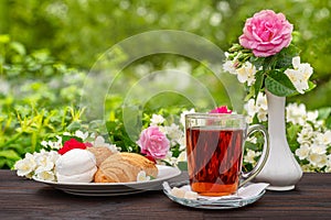 Cup with tea and pieces of sugar.