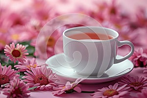 A cup of tea and pink flowers on a pink background