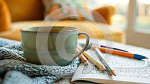 A cup of tea resting on a side table next to a persons coloring supplies creating the ultimate soothing experience