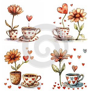 Cup of tea and Romantic surrounded by hearts. Adorable watercolor nursery illustration for Valentine\'s Day greeting card