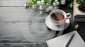 A cup of tea on a saucer, set on a wooden table with serveware