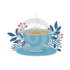 Cup of tea, saucer, winter leaves and berries. Template for cozy winter design.