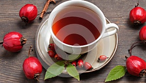 A cup of tea is served on a saucer with a spoon and a plate of red berries