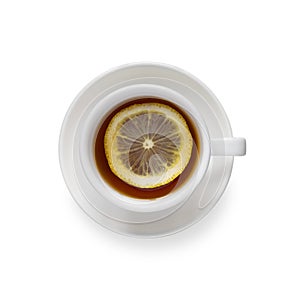A cup of tea with a slice of lemon, isolated on a white background