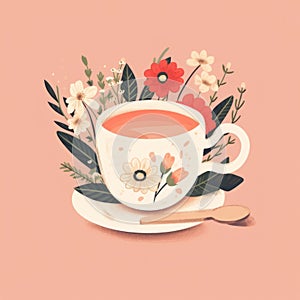 A cup of tea with a spoon on a saucer. Generative AI image.