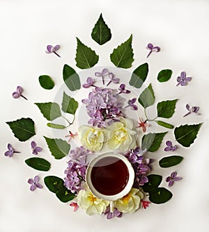 Cup of tea with spring flowers on white background.