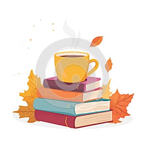 Cup of tea on the stack books. Cozy autumn illustration. Hello fall