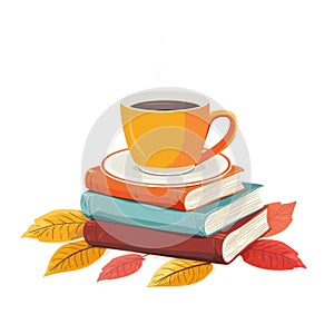 Cup of tea on the stack books. Cozy autumn illustration. Hello fall