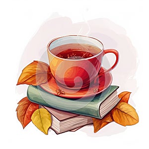 Cup of tea on the stack books. Cozy autumn illustration. Hello fall