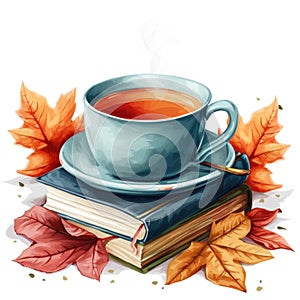 Cup of tea on the stack books. Cozy autumn illustration. Hello fall