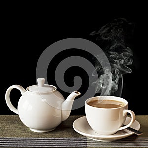 Cup of Tea with Steam and Teapot