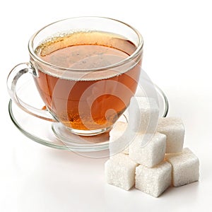 Cup of tea with sugar cubes isolated on white background