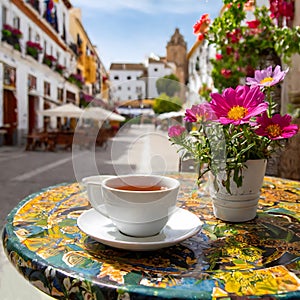 A cup of tea on a table in a cafe close up against the backdrop of beautiful streets with flowers