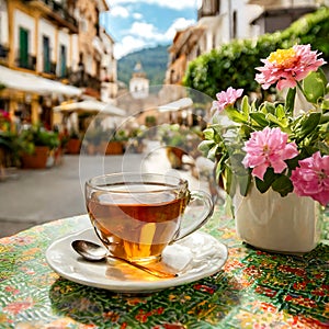 A cup of tea on a table in a cafe close up against the backdrop of beautiful streets with flowers