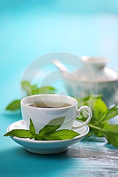 a cup of tea and a tea pot on a blue table