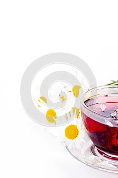 Cup of tea with teabag over white