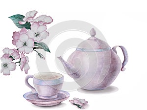 Cup of tea,  teapot and blooming twig