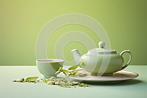 Cup of tea and teapot with sakura branch on pastel background. Tea composition. Generative AI