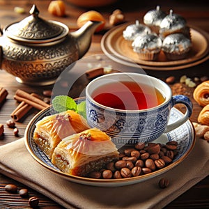 Cup of tea and Turkish baklava. Ramadan desert
