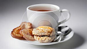A cup of tea and two pastries on a white plate