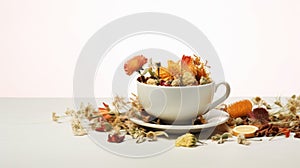 a cup of tea with various dried flowers and herbs, creating a soothing and aromatic scene on a white background