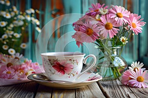 Cup of tea and vase with fresh flowers