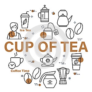 Cup of tea vector banner with circle design. Isolated linear icons around of the text on white