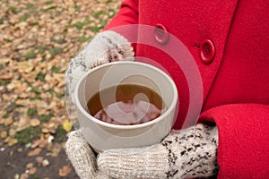 A cup of tea warms girl`s hands in gloves