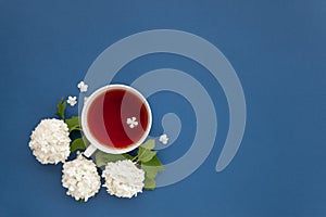 Cup of tea and white flowers on blue background, top view
