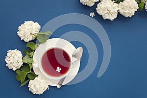 Cup of tea and white flowers on blue background, top view