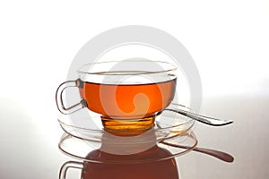 Cup of tea on white with reflection