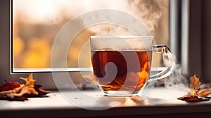 Cup of tea on the windowsill with autumn leaves and steam