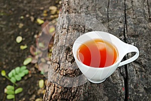 Cup of tea on wooden background in sunny morning with copy space
