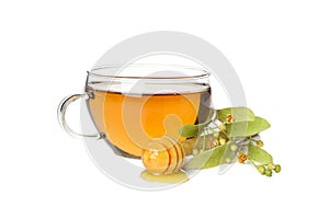 Cup of tea, wooden dipper honey and linden isolated on white background