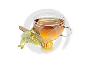 Cup of tea, wooden dipper honey and linden isolated on white background